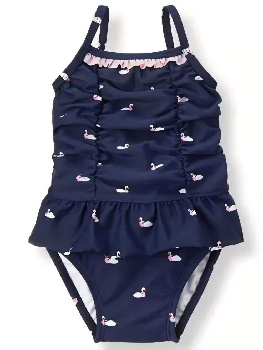 Girl's Navy Swan Ruffle One-Piece Swimsuit - Pink Accent • 6-12 MONTHS